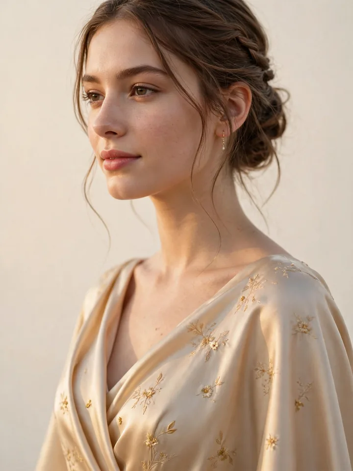 Champagne floral wedding dress colored with golden blossoms on metallic silk