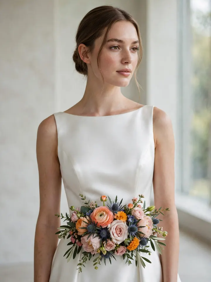 Minimal floral wedding dress colored with a fresh flower corsage at the waist