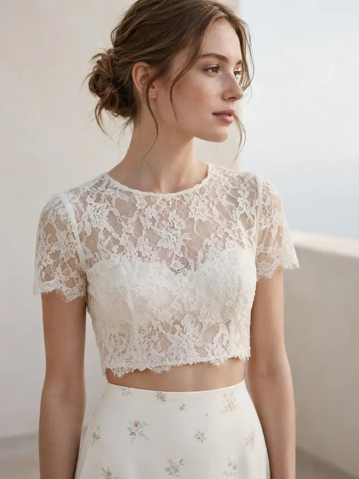 Two piece floral wedding dress colored bridal set with crop top and skirt