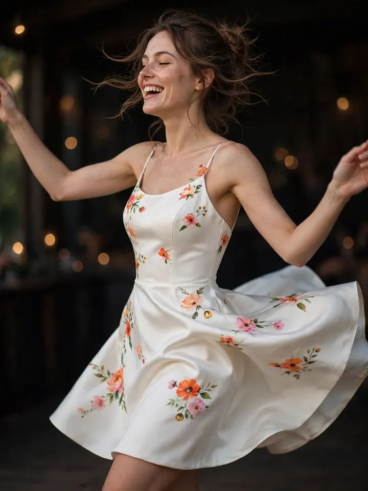 Floral reception dress colored with vibrant painted blossoms for dancing