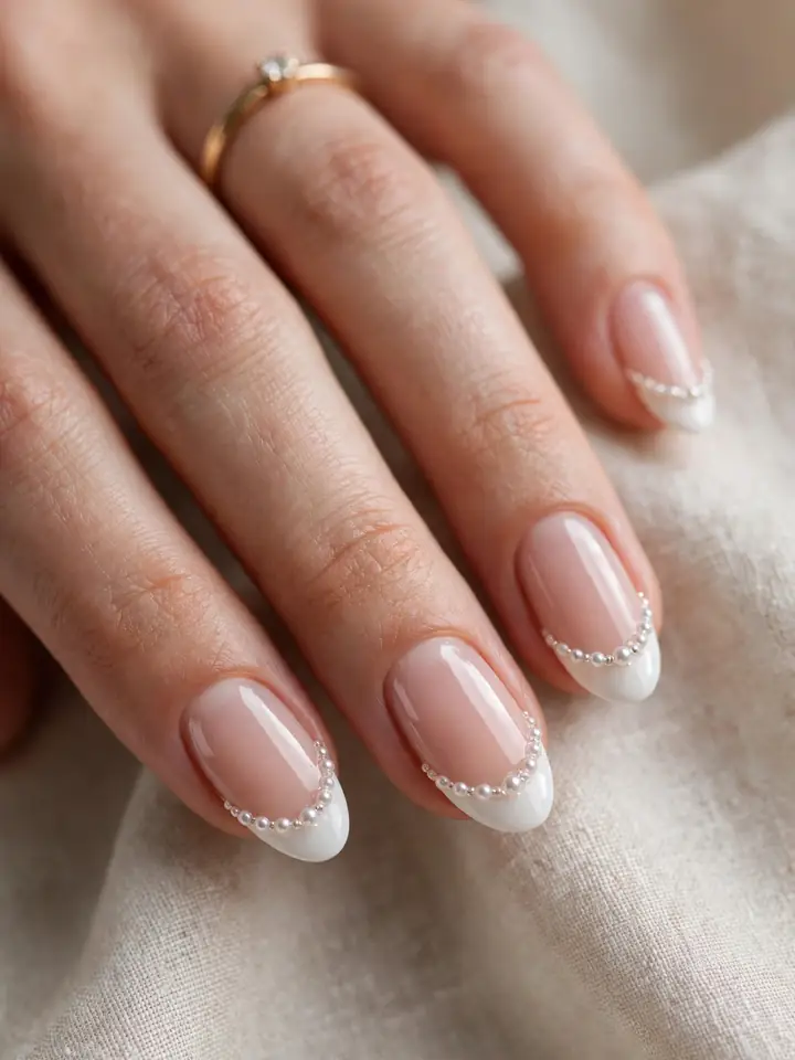 French tip with beads - French wedding nails with beaded smile line