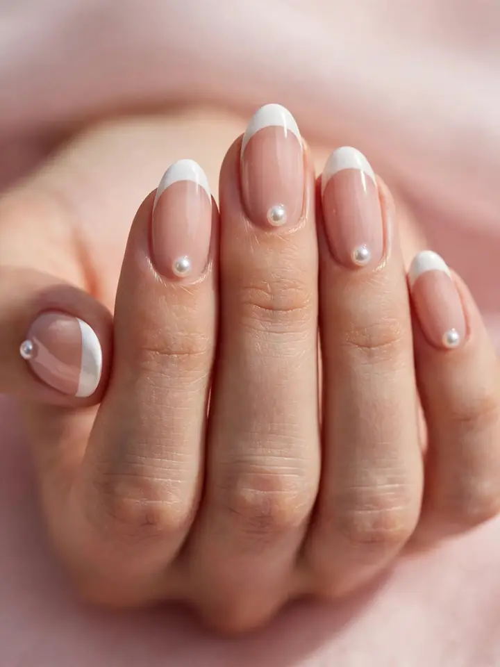 French nails with pearl - single pearl accent French wedding nails