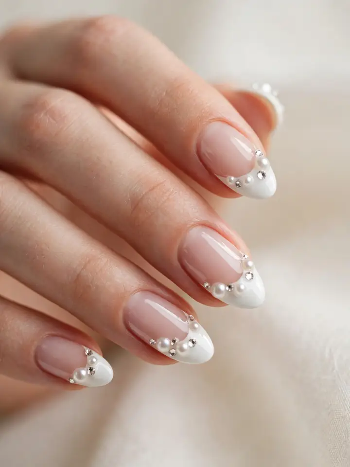 French tip with pearl accents - French wedding nails with scattered pearls and crystals