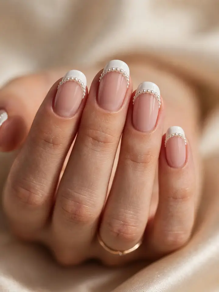 French tip with pearls along the edge - pearl-lined French wedding nails