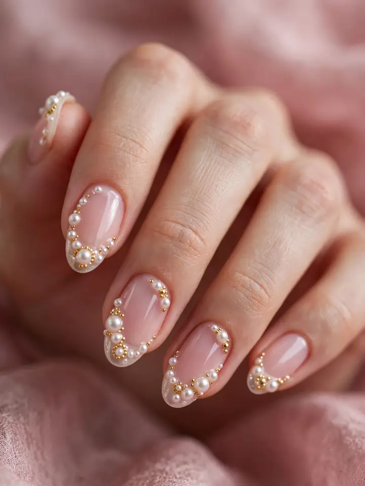Bridal nails with pearls - pearl and gold French wedding nails