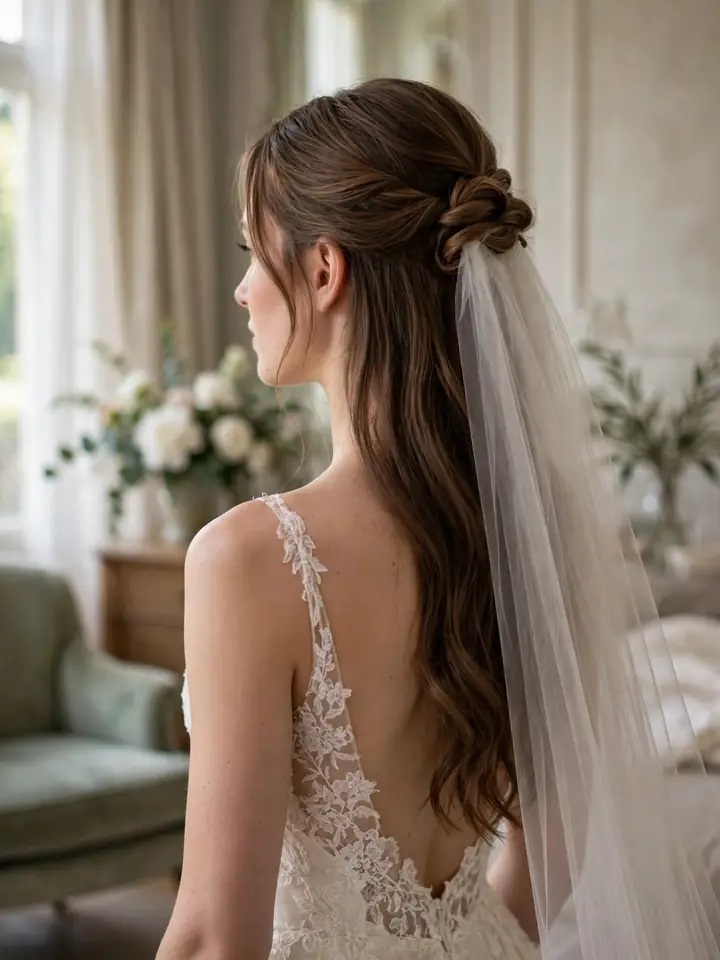 Half-up veil wedding hair - half up hairstyle with veil for long hair