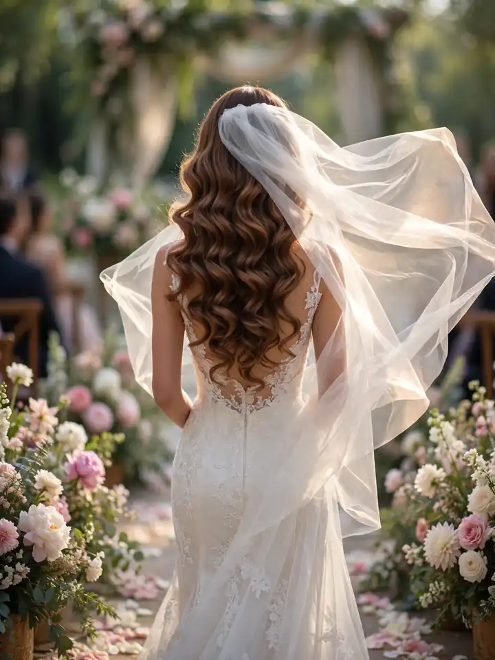 Curled wedding hair down with veil - long loose curls with bridal veil