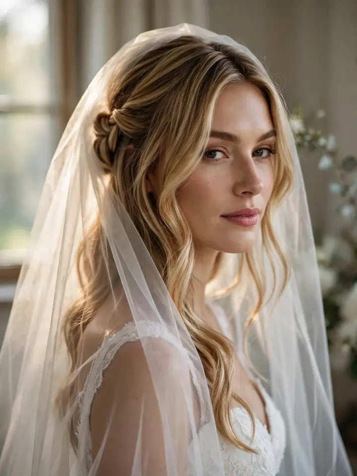 Blonde half-up bridal hair with veil - half up wedding hairstyle for blonde long hair
