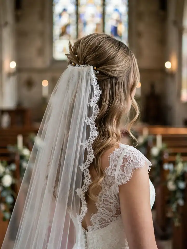 Half-up hair with veil - classic half updo with wedding veil