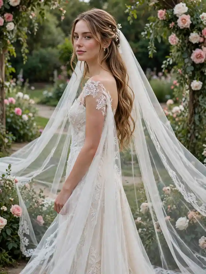 Veil hair down half up - romantic half-up style with long veil