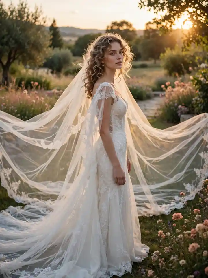 Soft curls with cathedral veil - long soft curls paired with cathedral length veil