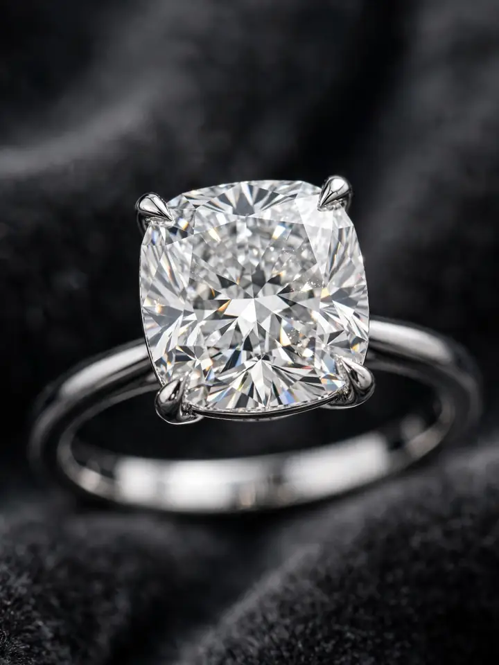 Cushion cut luxury diamond ring with soft square brilliant stone