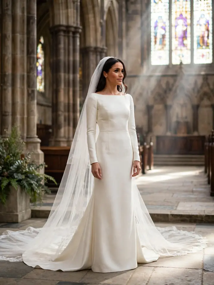 Meghan Markle wedding dress recreation — Givenchy-inspired bateau neckline silk gown with cathedral veil inside a cathedral
