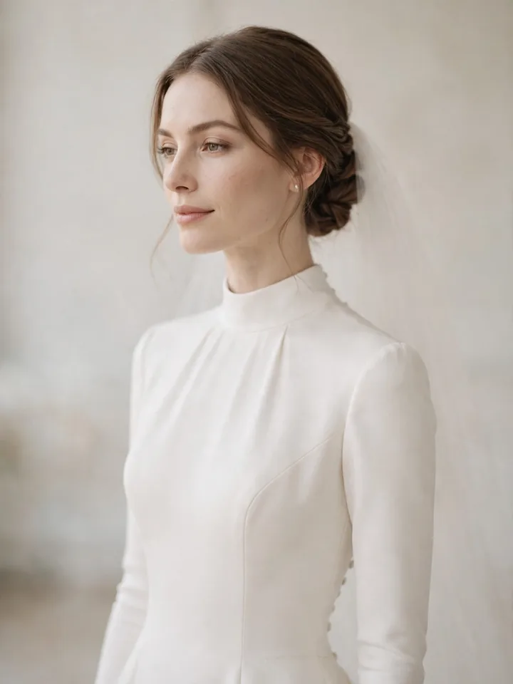 Conservative wedding dress inspired by Meghan Markle — high neckline ivory gown with long sleeves, modest royal bridal look