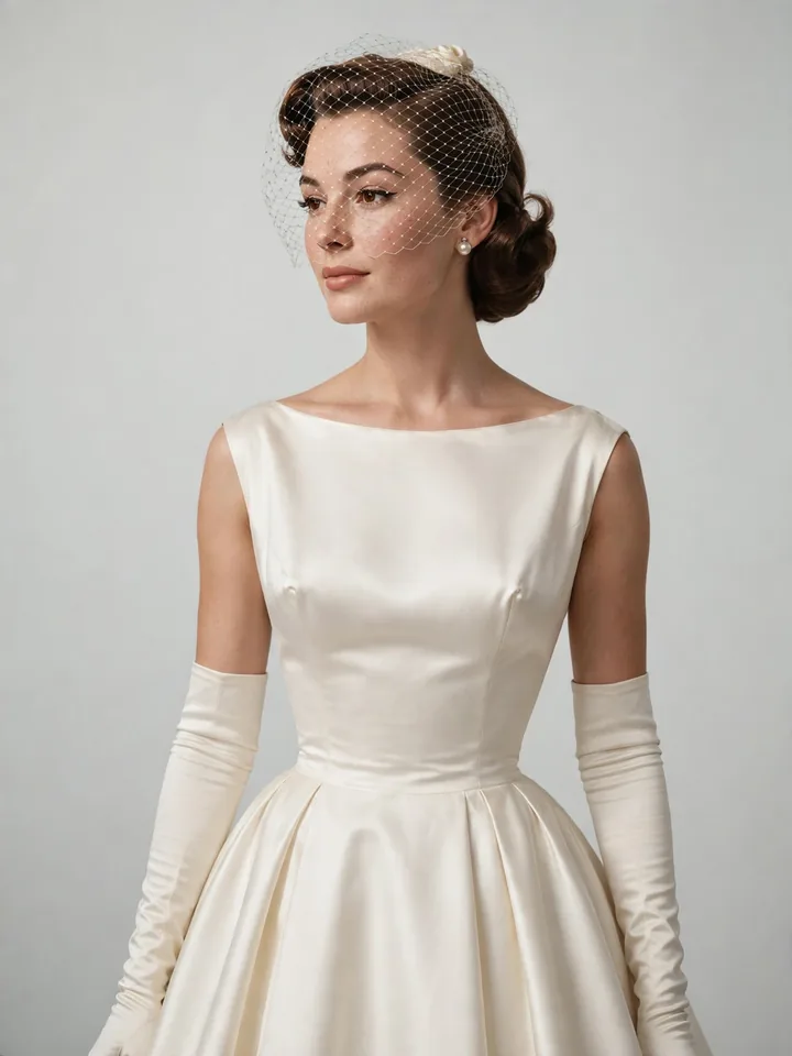 Iconic wedding dresses — Audrey Hepburn-inspired tea-length bateau neckline bridal look with gloves and birdcage veil