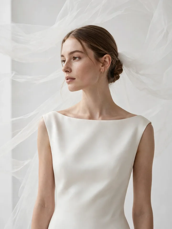 Timeless wedding dress — minimalist ivory silk slip gown with bateau neckline and floating veil, Meghan Markle style