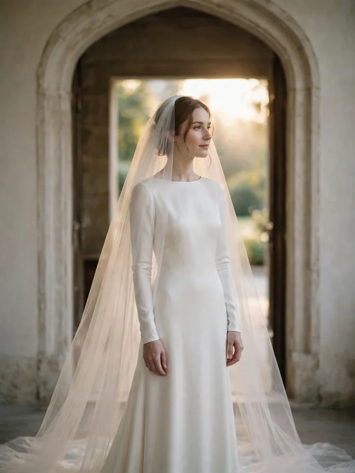 Church wedding dress — Meghan Markle-inspired silk gown with long sleeves and cathedral veil in a church doorway
