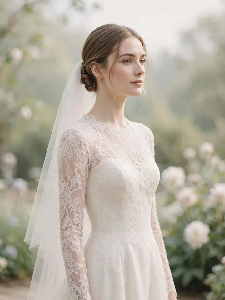 Princess Kate wedding dress style — ivory lace long-sleeve gown in a garden, royal bridal elegance