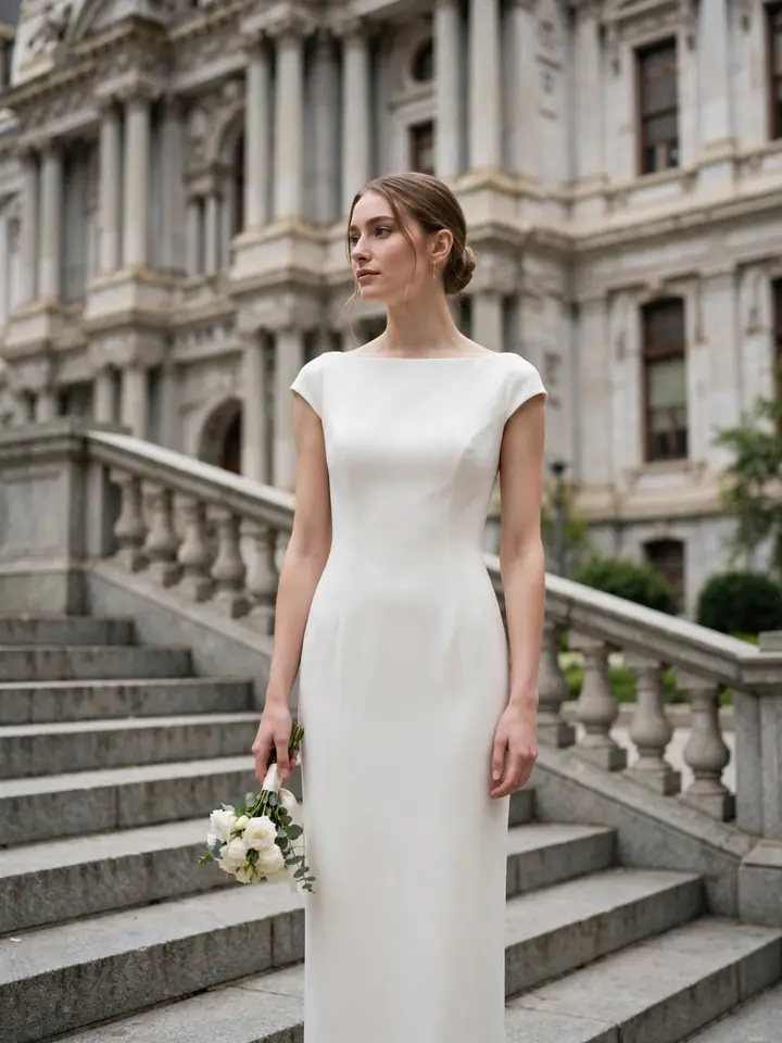Simple wedding dress — Meghan Markle-inspired ivory crepe sheath gown with bateau neckline for a civil ceremony