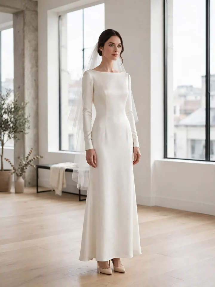 Meghan Markle wedding dress style guide — full-length minimalist ivory silk gown with fingertip veil and nude heels