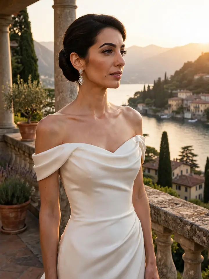 Amal Clooney wedding dress moment — ivory off-shoulder column gown with statement earrings on a villa terrace