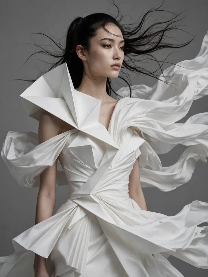 Vogue wedding dresses — high-fashion sculptural minimalist white bridal gown, avant-garde editorial look