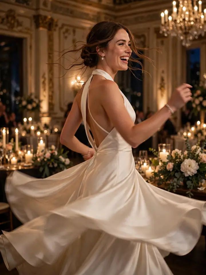 Meghan Markle-inspired reception gown — sleek ivory halter-neck second wedding dress for dancing
