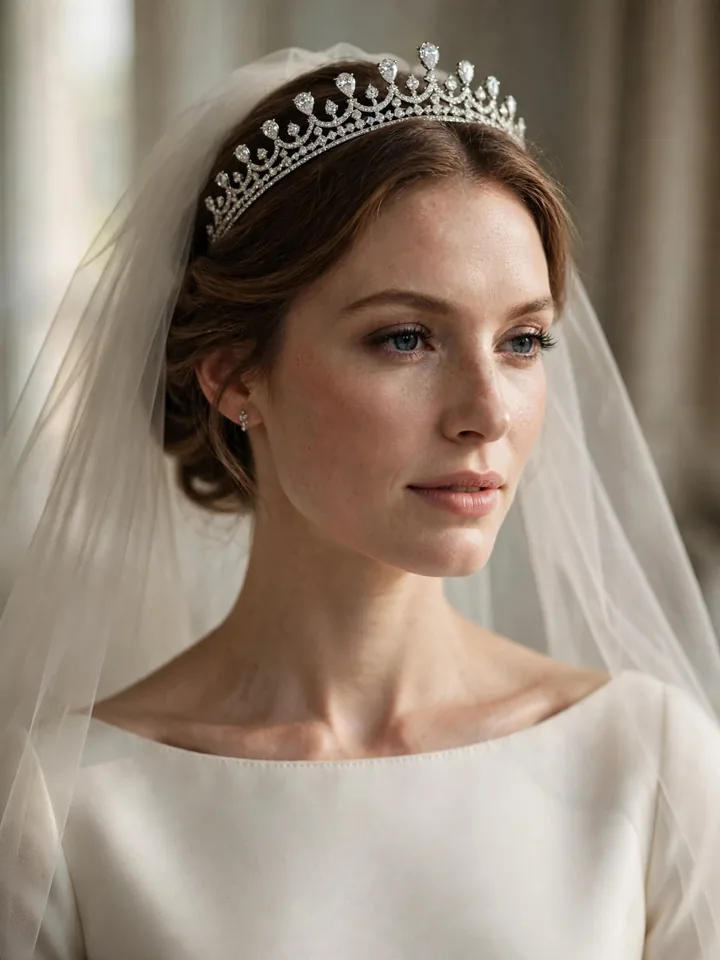 Royal wedding tiara moment — diamond tiara and veil with a Meghan Markle wedding dress, regal bridal portrait