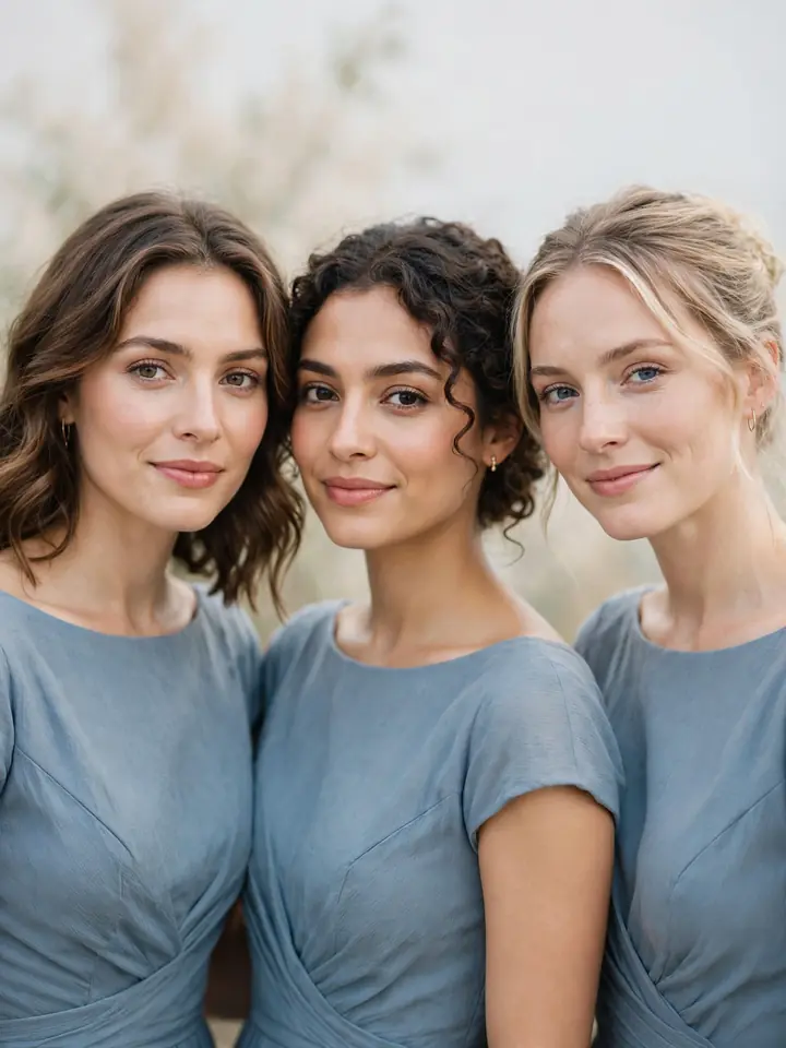 Boat-neck bridesmaid dresses in the Meghan Markle wedding dress royal spirit — dusty blue elegant dresses