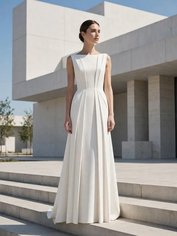 Modern royal bride — contemporary minimalist Meghan Markle wedding dress with architectural pleats at a museum