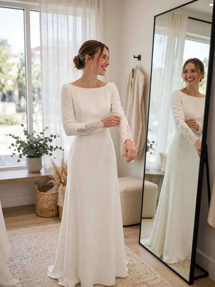 Affordable Meghan Markle wedding dress dupe — simple ivory bateau-neckline gown with lace cuffs in a bridal boutique