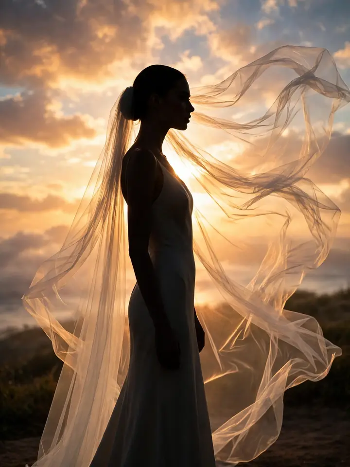 Meghan Markle wedding dress veil portrait — long windblown veil with a minimalist silk gown at sunset