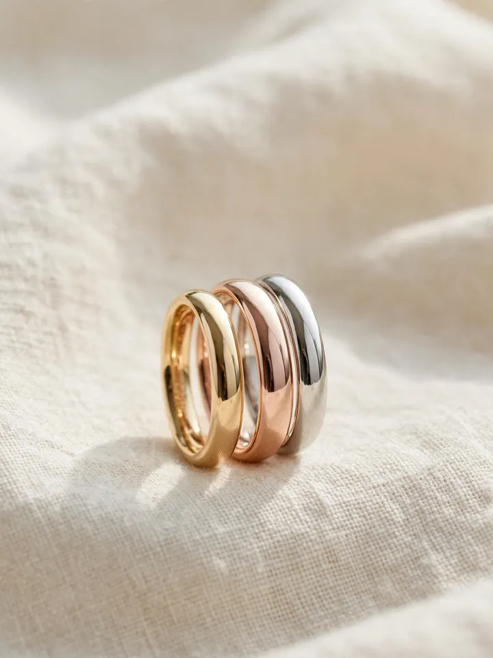 mixed metal wedding rings stack featuring a classic trio of yellow gold, rose gold and white gold polished bands