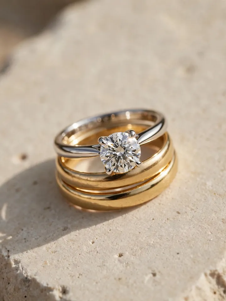 mixed metal wedding rings stack with a white gold diamond solitaire engagement ring and a yellow gold wedding band