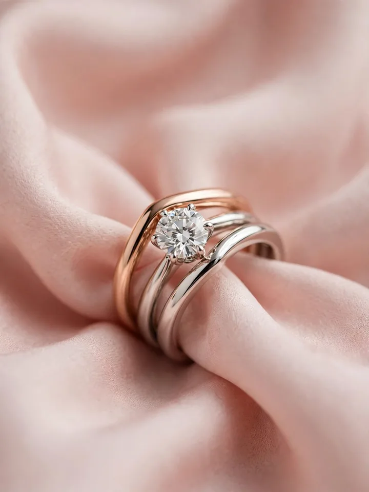 mixed metal wedding rings stack with curved contour bands in rose gold and white gold hugging a diamond solitaire