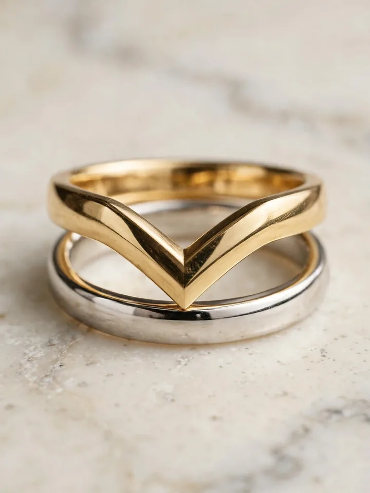 mixed metal wedding rings stack with a chevron V-shaped yellow gold band and a straight white gold band
