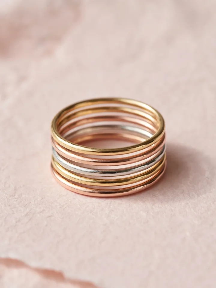 mixed metal wedding rings stack of five whisper-thin micro-bands in alternating yellow, rose and white gold
