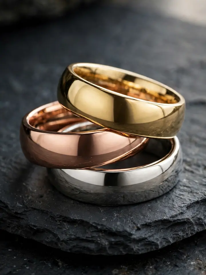 mixed metal wedding rings stack with bold wide bands in yellow gold, rose gold and white gold