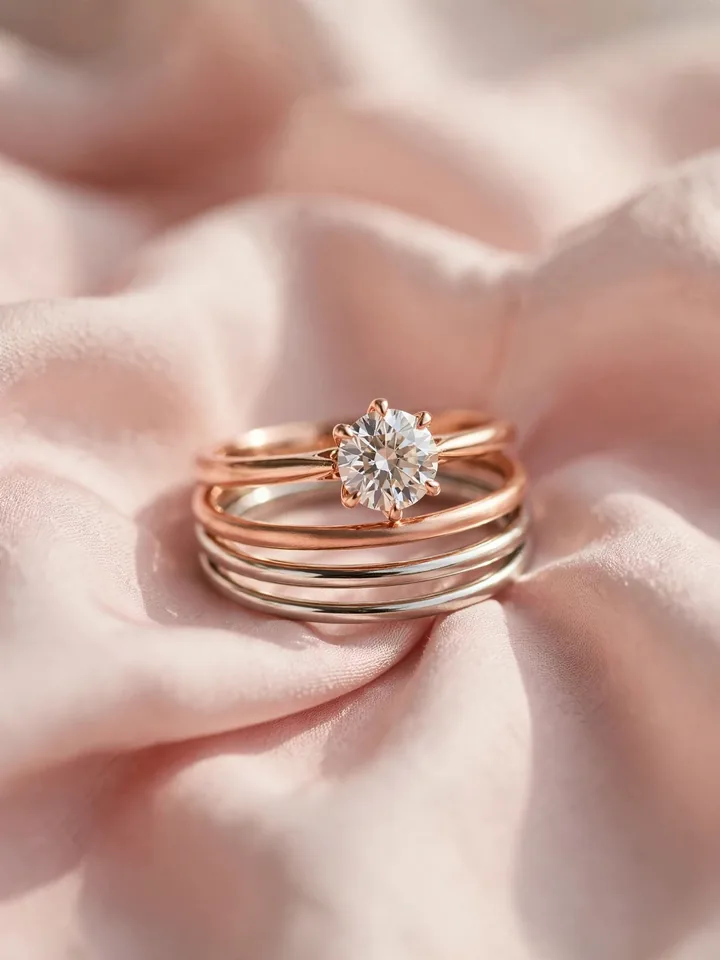 mixed metal wedding rings stack with a romantic pairing of rose gold and white gold diamond rings on blush silk