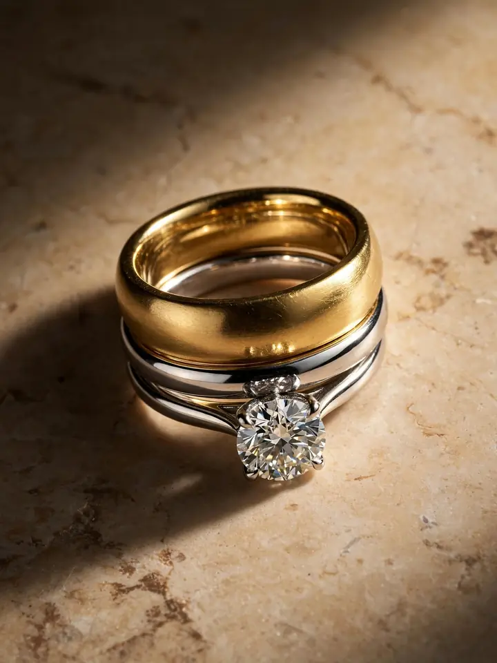 mixed metal wedding rings stack with a bold yellow gold band, platinum band and diamond engagement ring statement stack