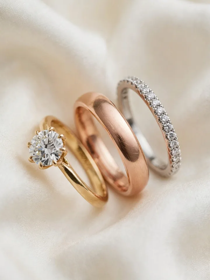 mixed metal wedding rings stack showing a complete wedding set of engagement ring, wedding band and anniversary band in mixed metals