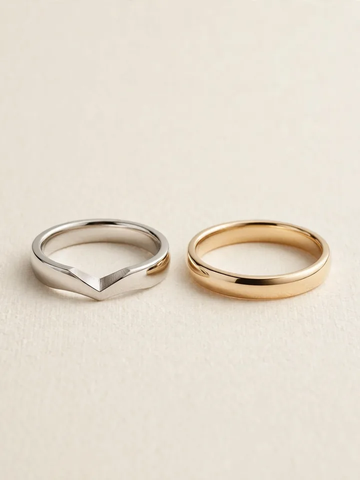 mixed metal wedding rings stack with notched nesting bands in white gold and yellow gold around an oval diamond