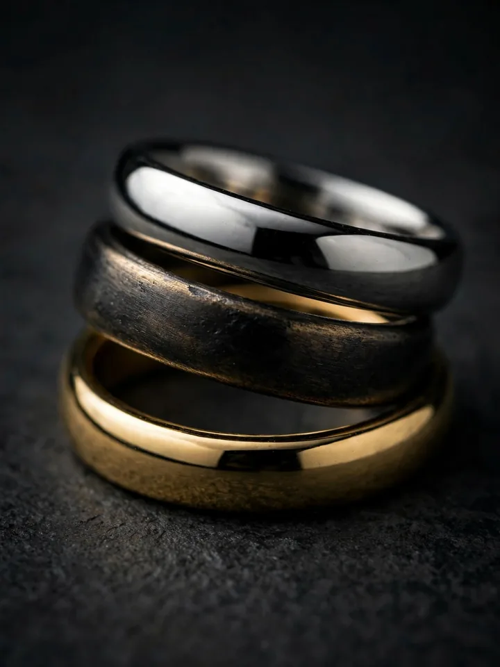 mixed metal wedding rings stack with a blackened gold accent band between polished yellow gold and white gold bands