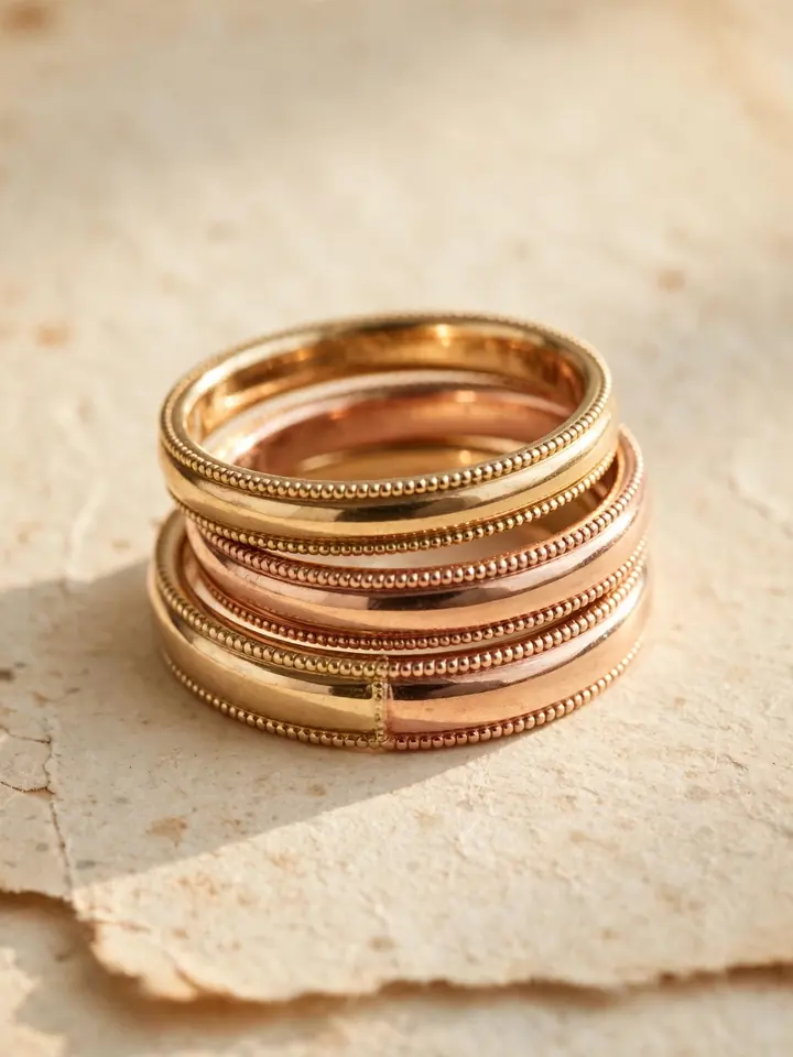 mixed metal wedding rings stack with milgrain edged vintage-inspired bands in yellow gold and rose gold