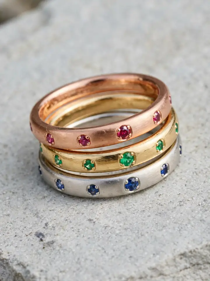 mixed metal wedding rings stack with birthstone accents in sapphire, emerald and ruby set in mixed gold bands