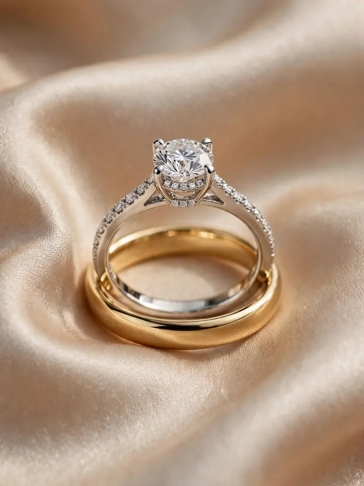 mixed metal wedding rings stack with a hidden halo diamond engagement ring and a yellow gold wedding band