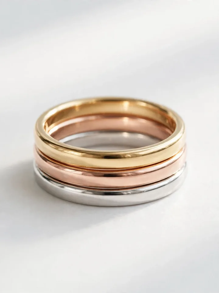 mixed metal wedding rings stack with a minimalist curated three-band stack of slim yellow, rose and white gold bands