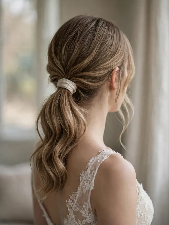 Low elegant ponytail hairstyles for wedding with a fabric-wrapped base and soft waves