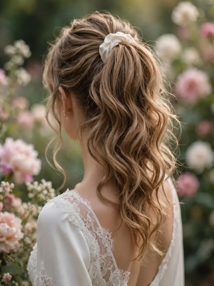 Romantic wavy high ponytail hairstyles for wedding with soft curls and a white scrunchie