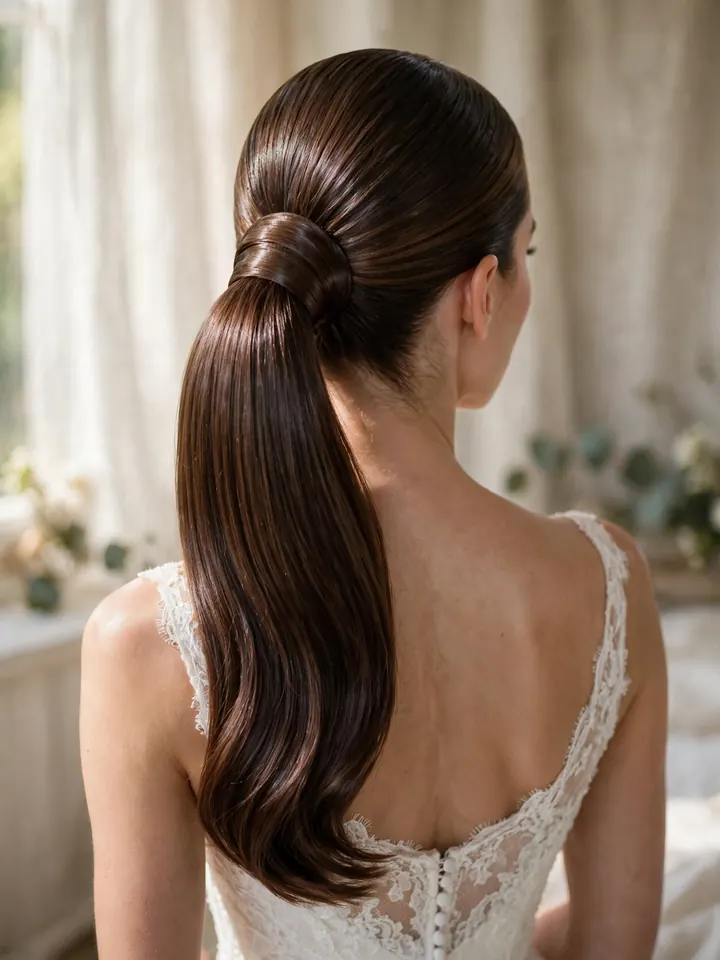 Sleek polished ponytail hairstyles for wedding with glossy hair wrapped around the base